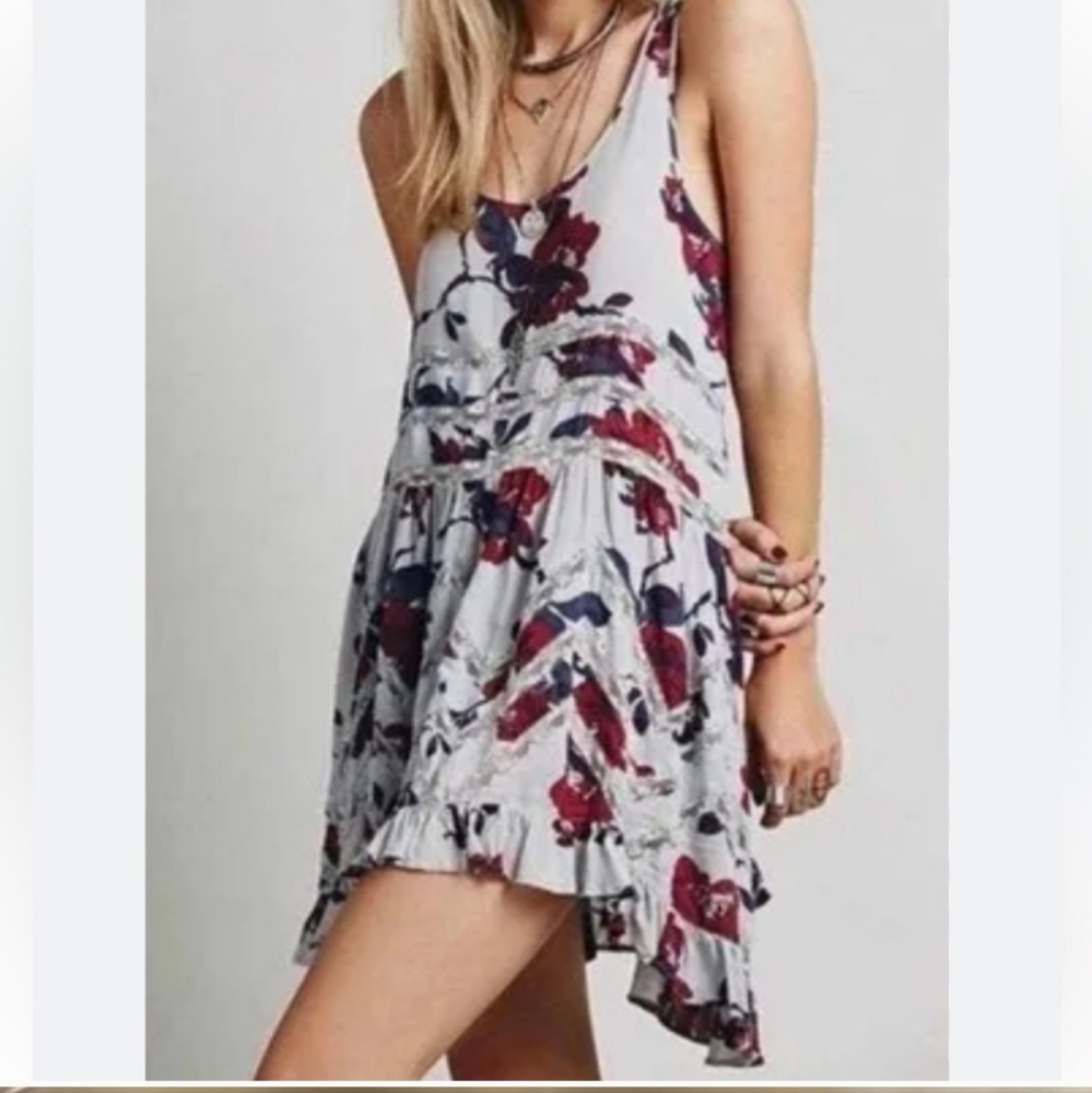Free People Grey Red Floral Printed Trapeze Slip Dress Size S
